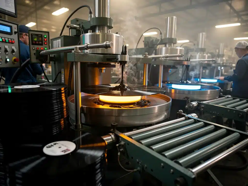 Machinery at a record pressing plant, showing vinyl being molded into new records.