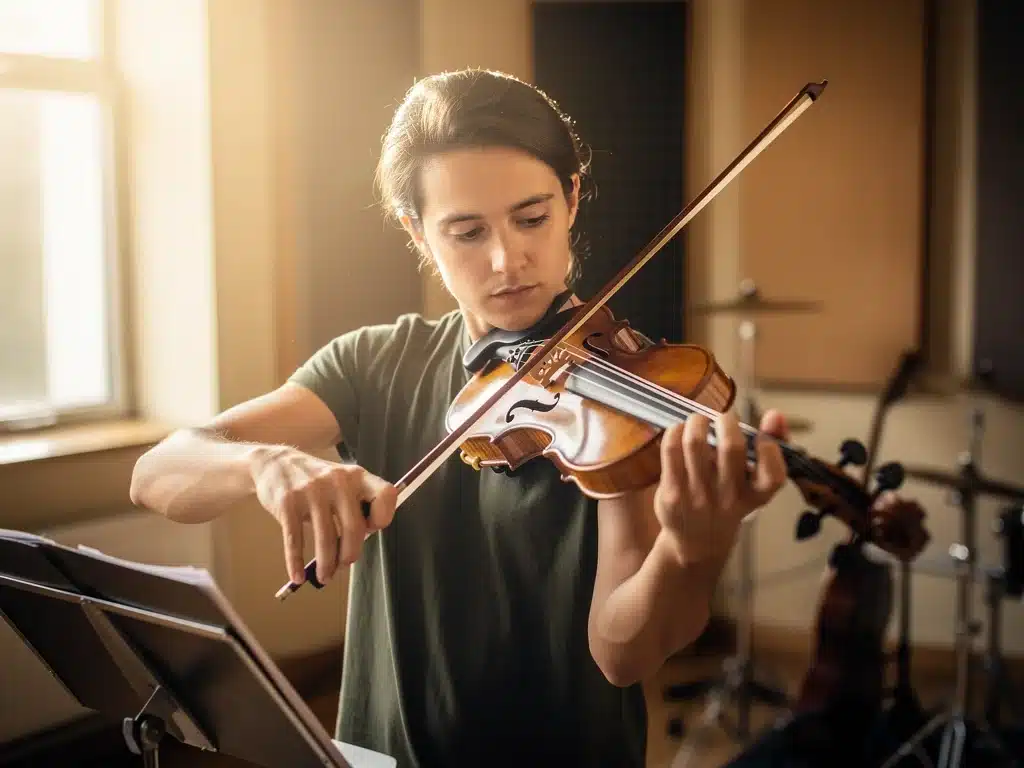 Violinist playing, demonstrating proper posture and engagement with their instrument.