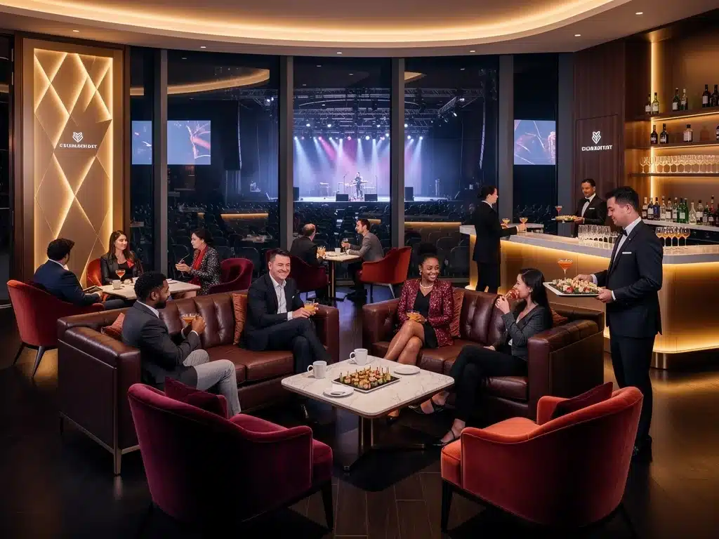 VIP lounge at music venue with fans enjoying amenities