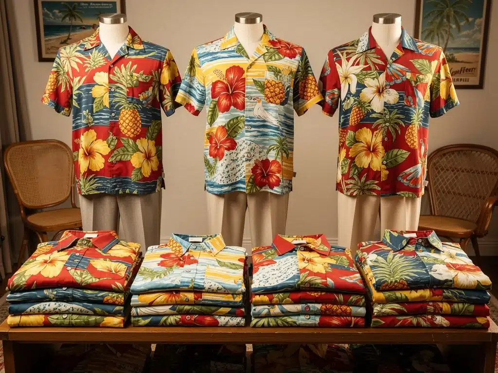 Assortment of colorful 1950s-inspired aloha shirts with tropical and scenic prints.