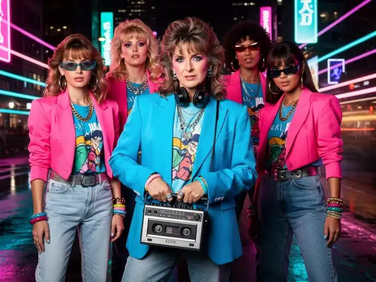 Vibrant 1980s fashion revival influenced by pop culture series, showing models in retro clothing.
