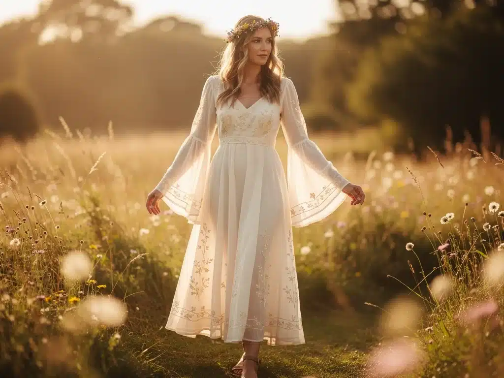 1970s-inspired bohemian bridal gown illustrating flowing vintage wedding styling.