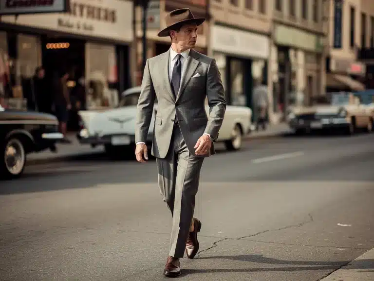 Man in classic 1950s vintage suit with fedora