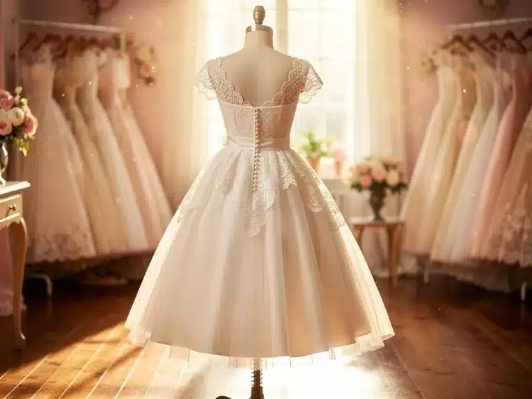 Elegant 1950s vintage wedding gown on mannequin