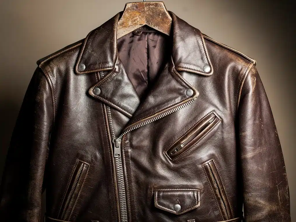 Close-up of a vintage-style leather motorcycle jacket inspired by 1950s menswear.