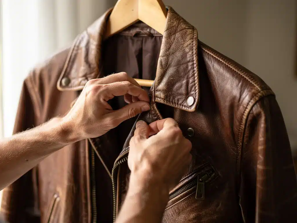 Detail of a hand inspecting a vintage leather jacket, symbolizing the search for quality and uniqueness.