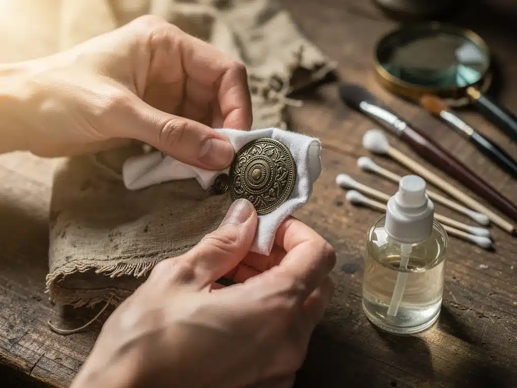 Hands meticulously cleaning a tarnished metal vintage button with a soft cloth and cleaning solution.
