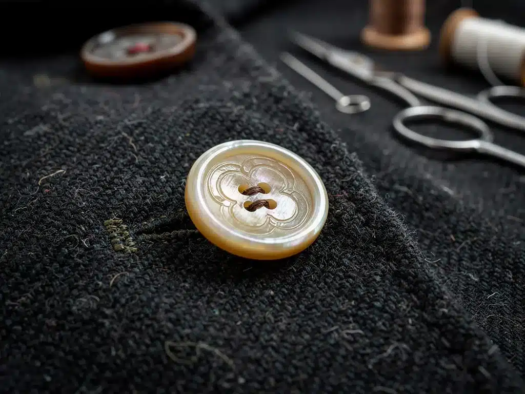 Close-up of a perfectly restored mother-of-pearl vintage button reattached to a dark garment.