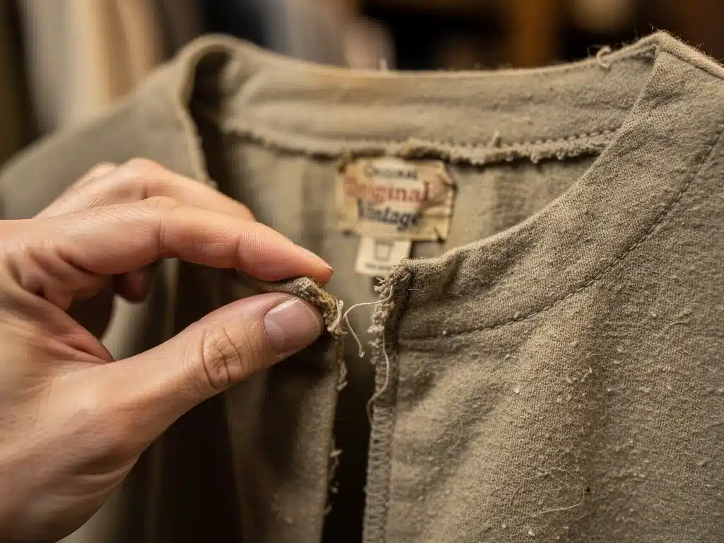 Detailed inspection of vintage garment label and stitching for authenticity