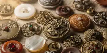 Collection of vintage buttons and fasteners on antique fabric, highlighting intricate designs and various materials.