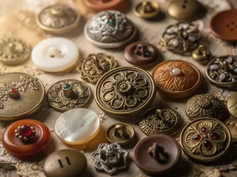 Collection of vintage buttons and fasteners on antique fabric, highlighting intricate designs and various materials.