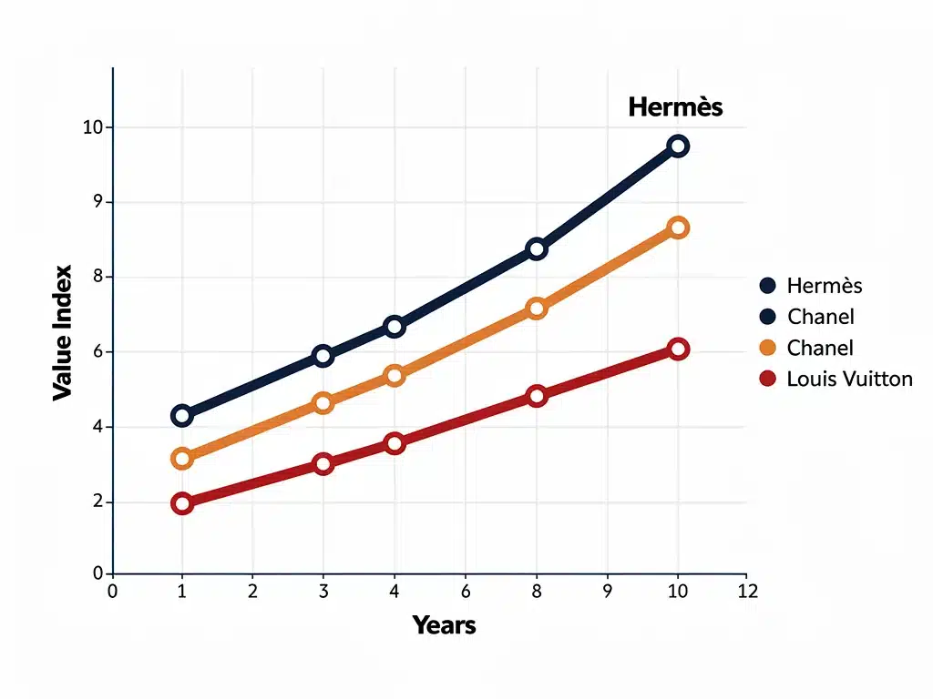 Illustrative graph representing long-term price changes in collectible vintage designer fashion