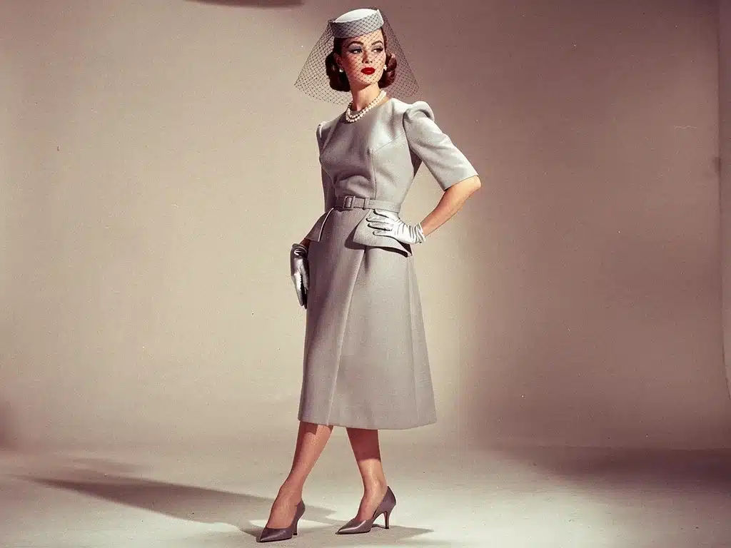 Elegant woman in 1950s attire wearing a stylish pillbox hat with a veil