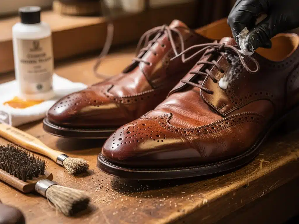 Cleaning 1940s men's leather oxfords with specialized products.