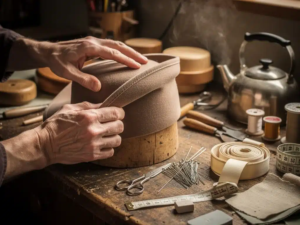 Milliner's hands shaping felt on a hat block, demonstrating traditional hat making techniques