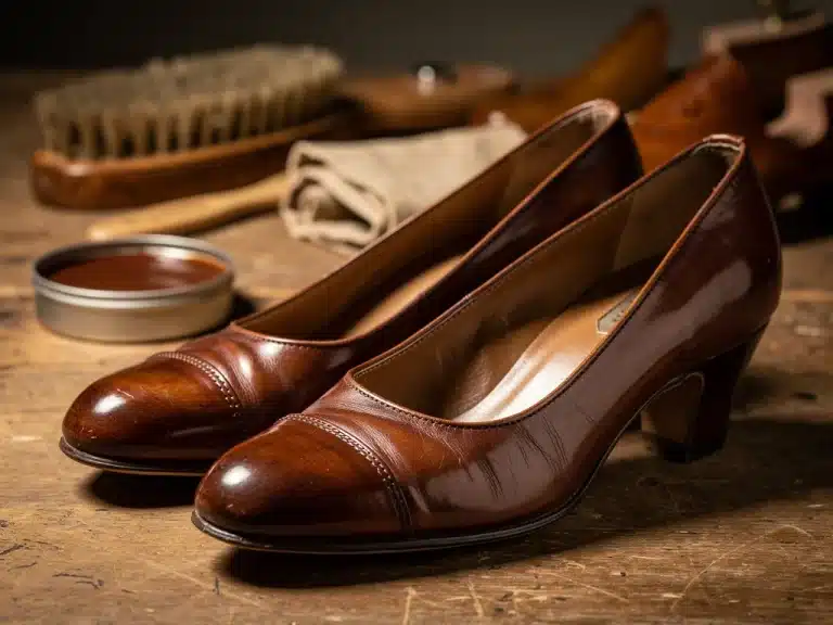 Restored 1940s leather pumps, gleaming and well-preserved.