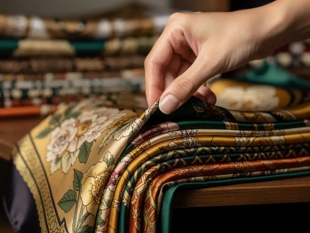 Hand selecting a unique vintage silk scarf from a collection.